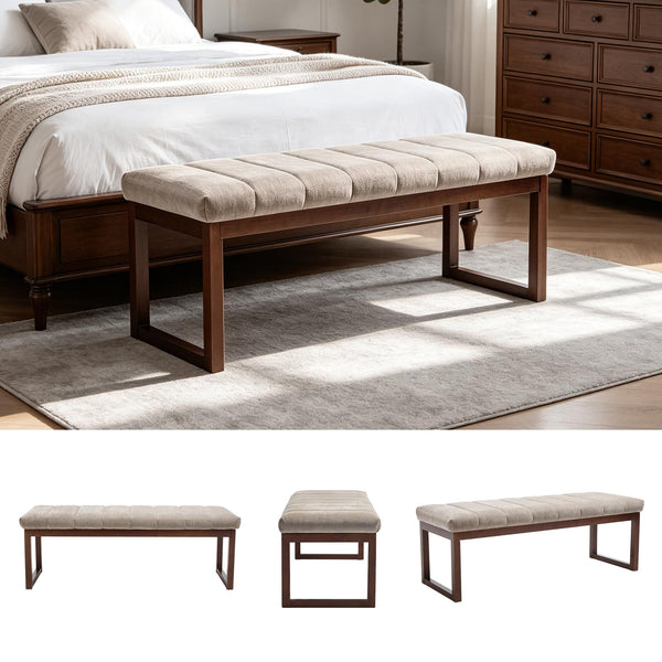 Chummaven 53'' Upholstered Chenille Entryway Bench, Channel Tufted End of Bed Bench Modern Ottoman with Walnut Wood Legs, Padded Window Bench with Storage for Bedroom, Living Room, Camel
