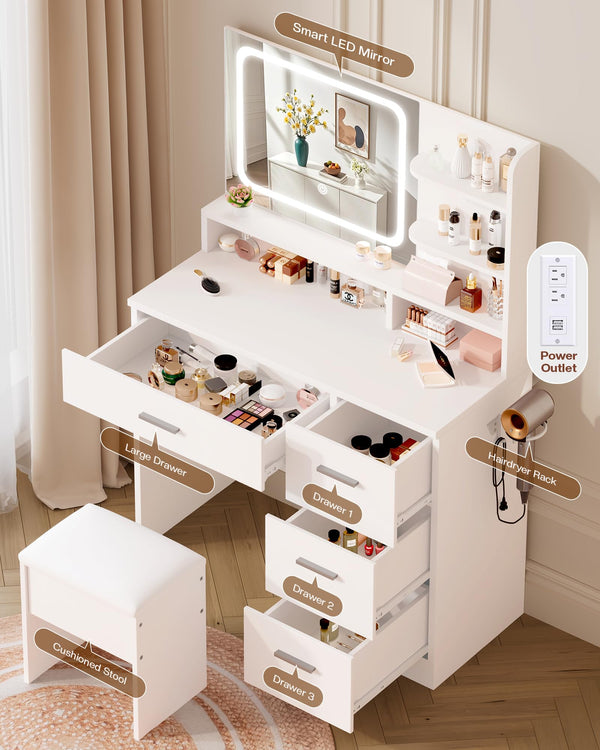Makeup Vanity Desk with Smart LED Mirror & Charging Station