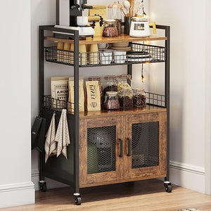 3-Tier Coffee Bar Cabinet with Wheels & Wire Basket Drawer