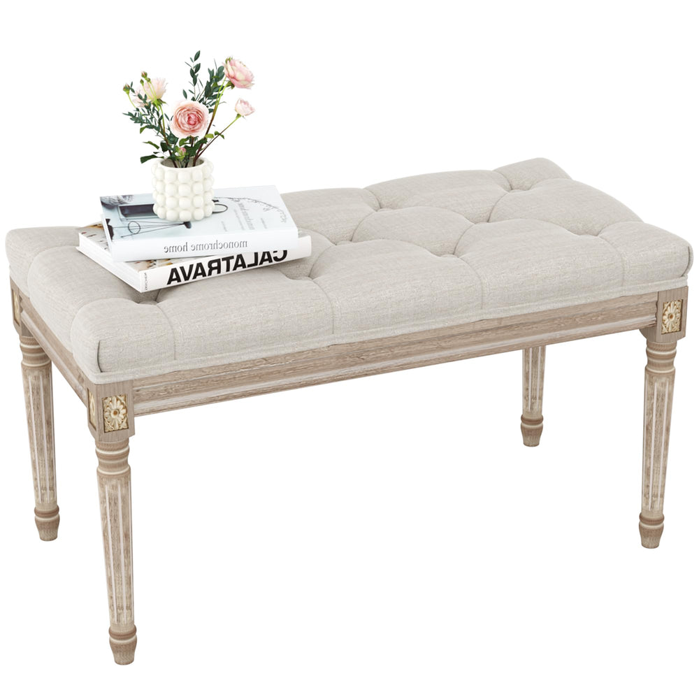 Upholstered Vanity Bench with Button Tufting & Carved Wood Legs