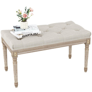 Upholstered Vanity Bench with Button Tufting & Carved Wood Legs