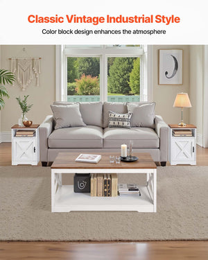 Farmhouse Coffee Table Set with 2 End Tables & Charging Station