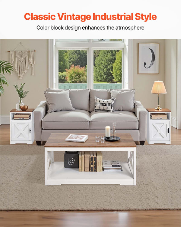 Farmhouse Coffee Table Set with 2 End Tables & Charging Station