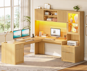 SEDETA 67" x 65" L Shaped Desk with Hutch, RGB LED Corner Computer Desk with Power Outlets, Fluted Home Office Desk with File Drawer, Storage Cabinet & Glass Display Cabinet for Gaming & Working, Oak