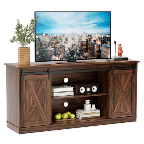 Farmhouse TV Stand with Sliding Barn Door – 58 Inch, Brown