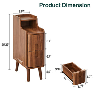 Mid-Century Modern Narrow Nightstand with 2 Drawers