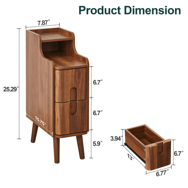Mid-Century Modern Narrow Nightstand with 2 Drawers