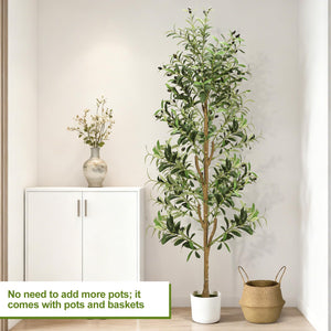 Faux Olive Tree – 6ft & 7ft Indoor Artificial Tree with Planter, Basket & Lights