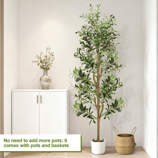 Faux Olive Tree – 6ft & 7ft Indoor Artificial Tree with Planter, Basket & Lights