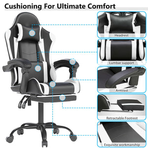 Gaming Chair with Headrest, Lumbar Support & Retractable Footrest