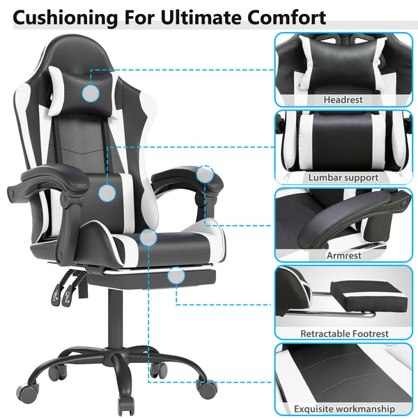 Gaming Chair with Headrest, Lumbar Support & Retractable Footrest