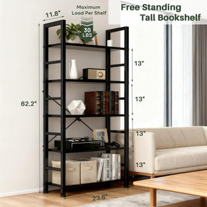 5-Tier Industrial Bookshelf with Metal Frame