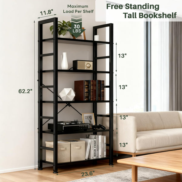 5-Tier Industrial Bookshelf with Metal Frame