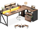 L-Shaped Executive Desk with File Cabinet, LED Lights & Power Outlet, 61 Inch Corner Computer Desk with Monitor Stand