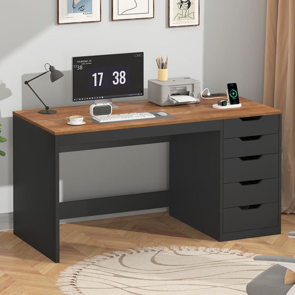 47-Inch Computer Desk with 5 Drawers & Power Outlets