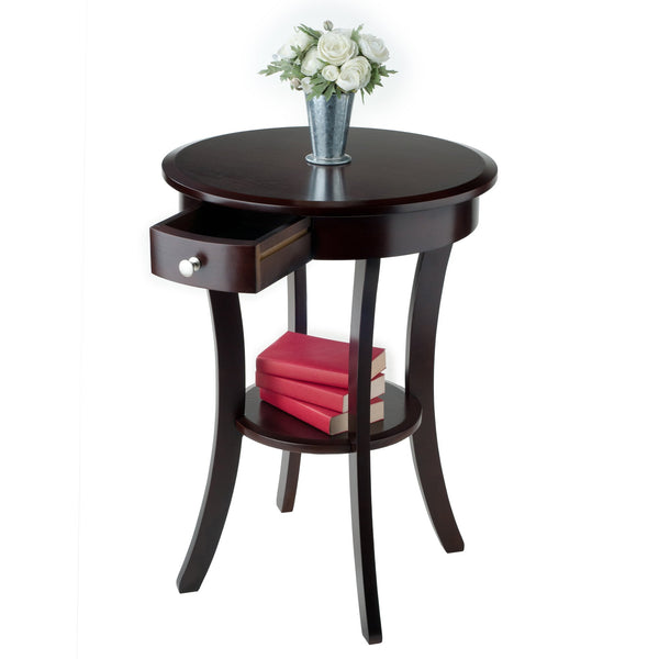 Round Wood Accent Table with Drawer and Shelf