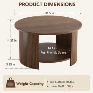Round Coffee Table with Storage – Fluted 2-Tier Wood Design