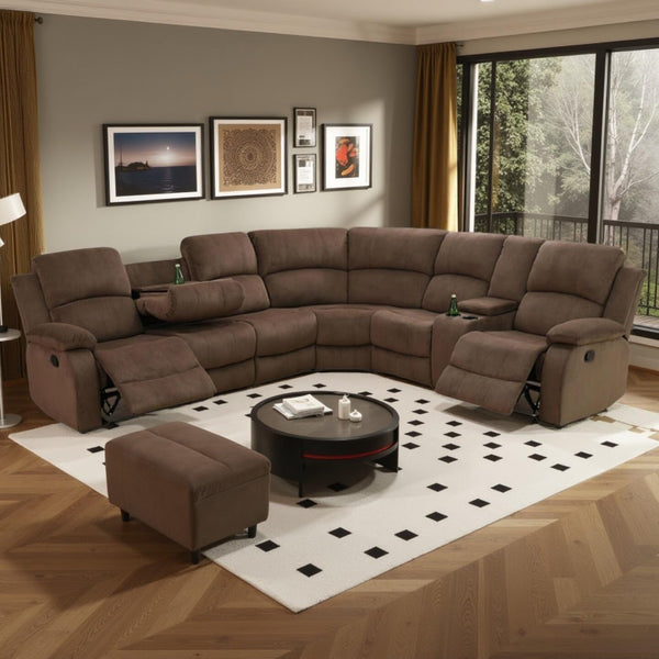 L-Shape Sectional Reclining Sofa Set with Drop-Down Table & Storage Console