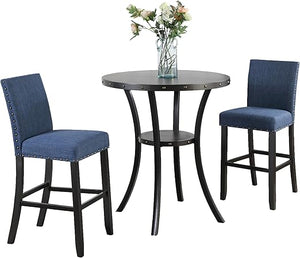 3-Piece Bar Height Dining Set – Round Table & Nail Head Stools