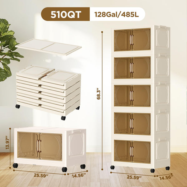 5-Tier Stackable Storage Bins with Lids, Doors & Wheels