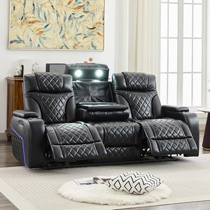 Power Recliner Sofa with Adjustable Headrest & LED Lights