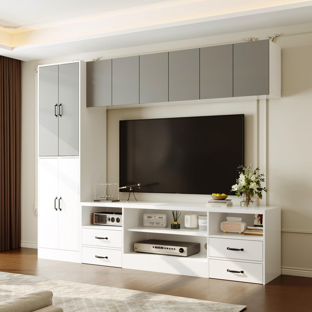 86" Wall Unit Entertainment Center with Bookshelves – White & Grey
