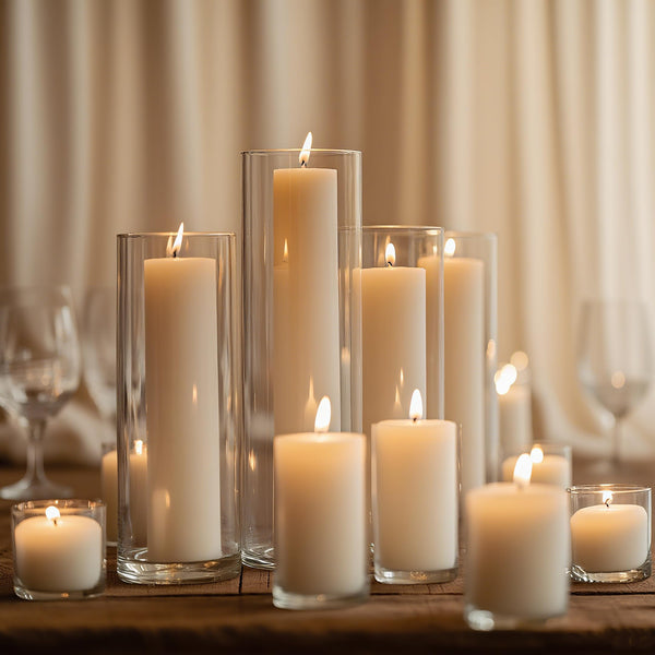 Glass Hurricane Candle Holders with White Pillar Candles Set of 12