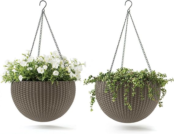Round Hanging Planter Baskets Set of 2 – Rattan-Look Resin