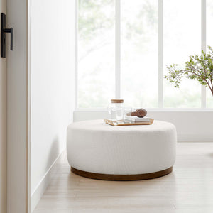 38" Round Boucle Upholstered Ottoman with Wood Base