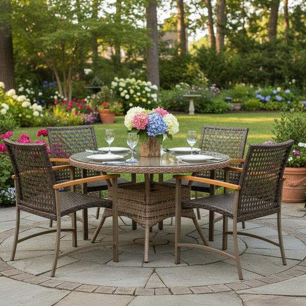 Outdoor PE Wicker Patio Dining Chairs Set of 4 with Acacia Wood Armrests