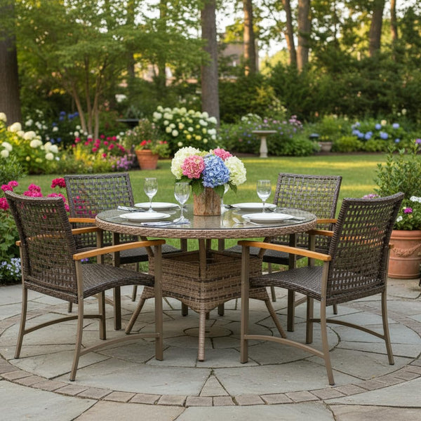 Outdoor PE Wicker Patio Dining Chairs Set of 4 with Acacia Wood Armrests