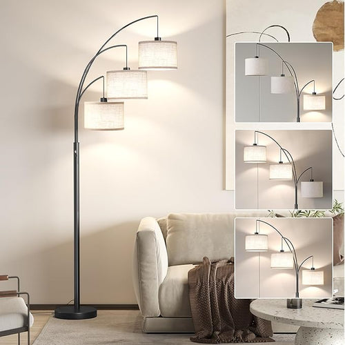 3-Light Arc Floor Lamp with Linen Drum Shades