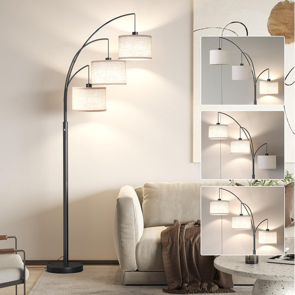 3-Light Arc Floor Lamp with Linen Drum Shades
