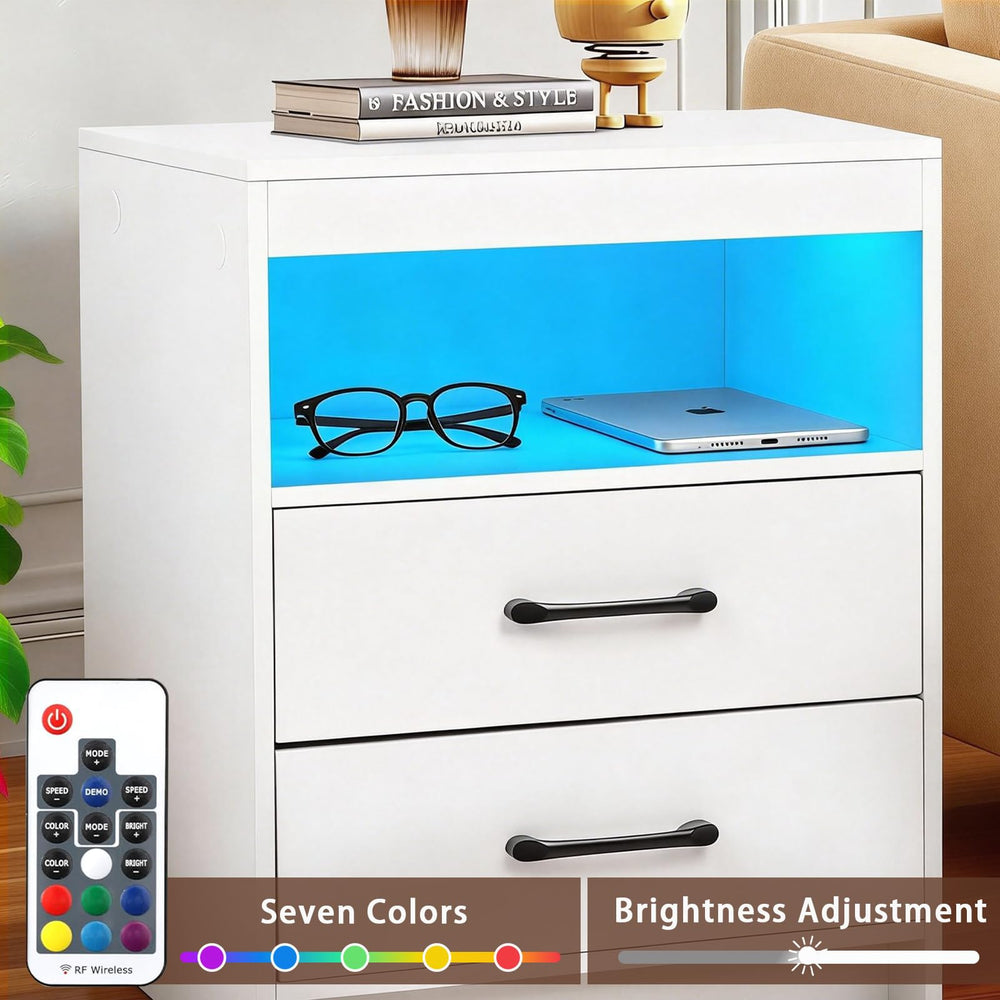 LED Nightstand with Charging Station, 2 Drawers & Open Compartment