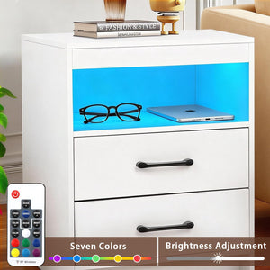 LED Nightstand with Charging Station, 2 Drawers & Open Compartment