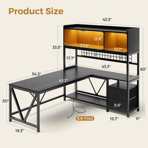 L-Shaped Gaming & Office Desk with Storage, Drawers, LED Cabinet & Power Outlet