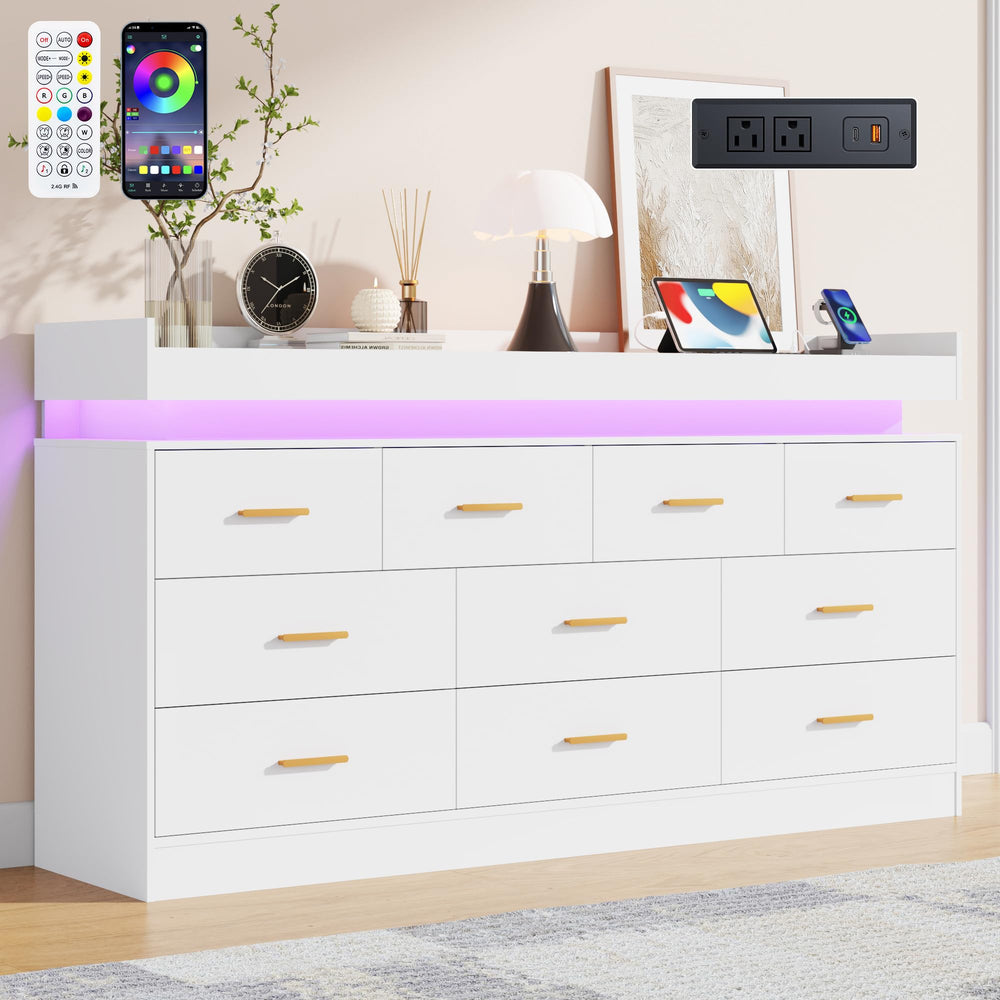 10-Drawer Dresser with Power Outlet and LED Light