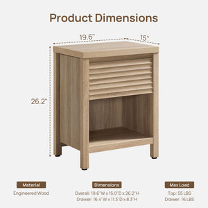 Fluted Nightstand Set of 2 with Drawer & Storage Shelf