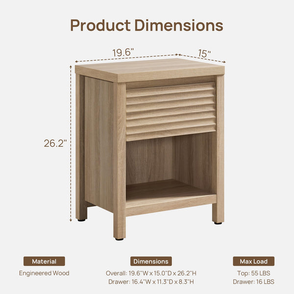 Fluted Nightstand Set of 2 with Drawer & Storage Shelf