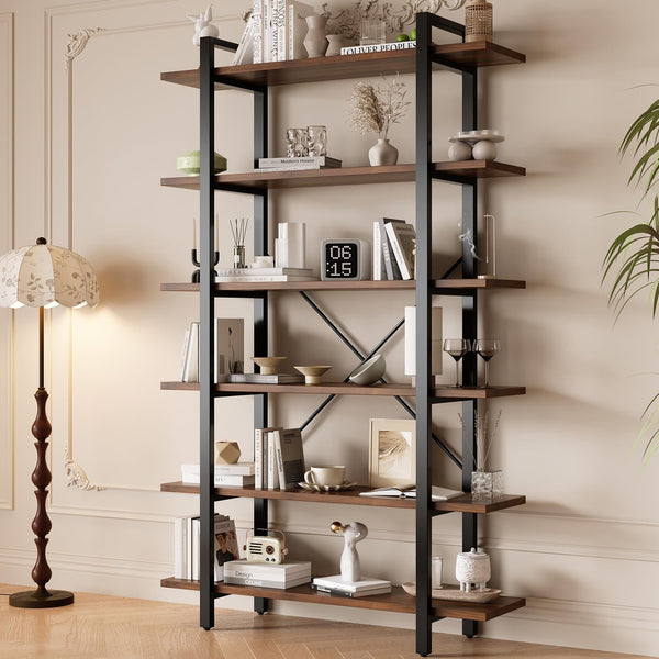6-Tier Industrial Bookshelf with Metal Frame