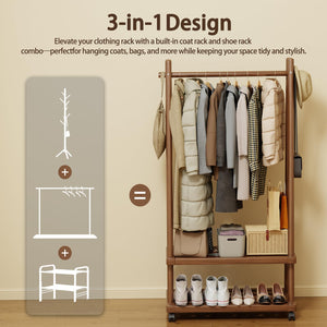 Freestanding Wooden Clothing Rack with Wheels