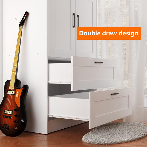 3-Door Wooden Wardrobe Closet with Shelves and Drawers – White
