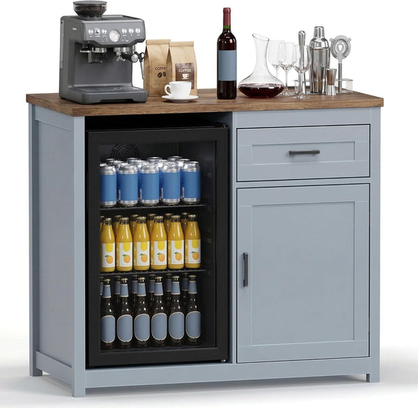 Bar Cabinet with Fridge Space, 3 Drawers, Adjustable Shelves & Power Outlet