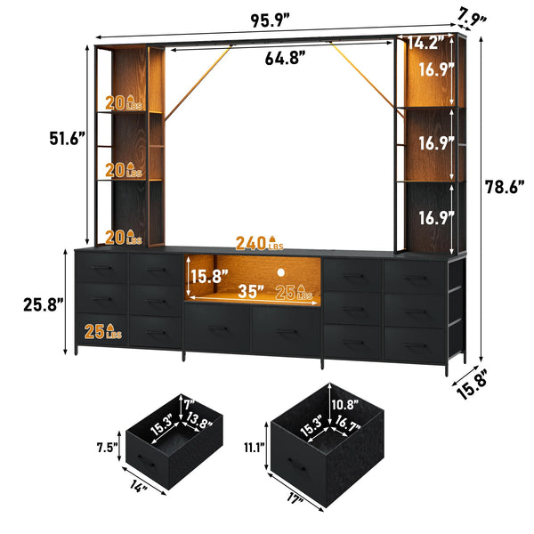 96" Wall Unit Entertainment Center with 14 Fabric Drawers, LED Lights & Power Outlets
