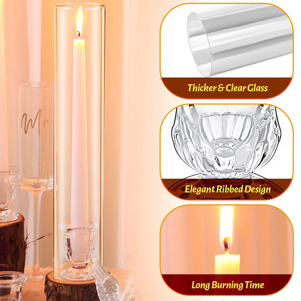 Glass Hurricane Candle Holder Set with Taper Candlesticks & White Candles (12 Set)