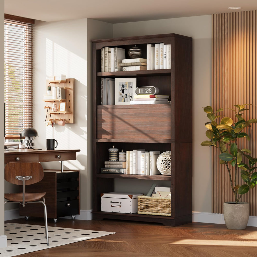 71-Inch 5-Tier Bookcase with Flip-Down Door, 37" Wide Freestanding Wood Bookshelf