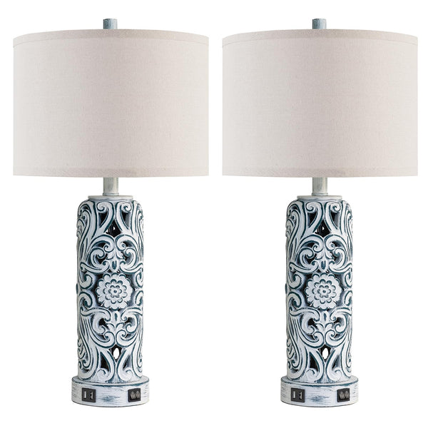 Coastal Vintage Table Lamp Set of 2 with USB Ports & Nightlight
