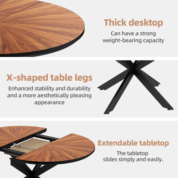 Extendable Round Dining Table with Removable Leaf, Seats 4–6, Walnut