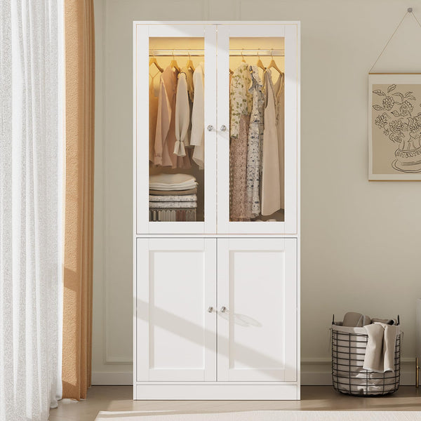 Wardrobe Closet with Glass Doors, LED Lighting & Drawers