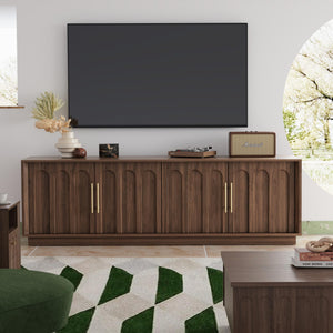 67" Mid-Century Modern TV Stand for 75 Inch TVs – Arched Wood Grain Media Console